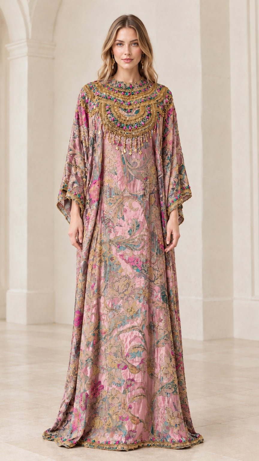 Front full-length view of model wearing the Dusty Pink floral beaded kaftan maxi dress