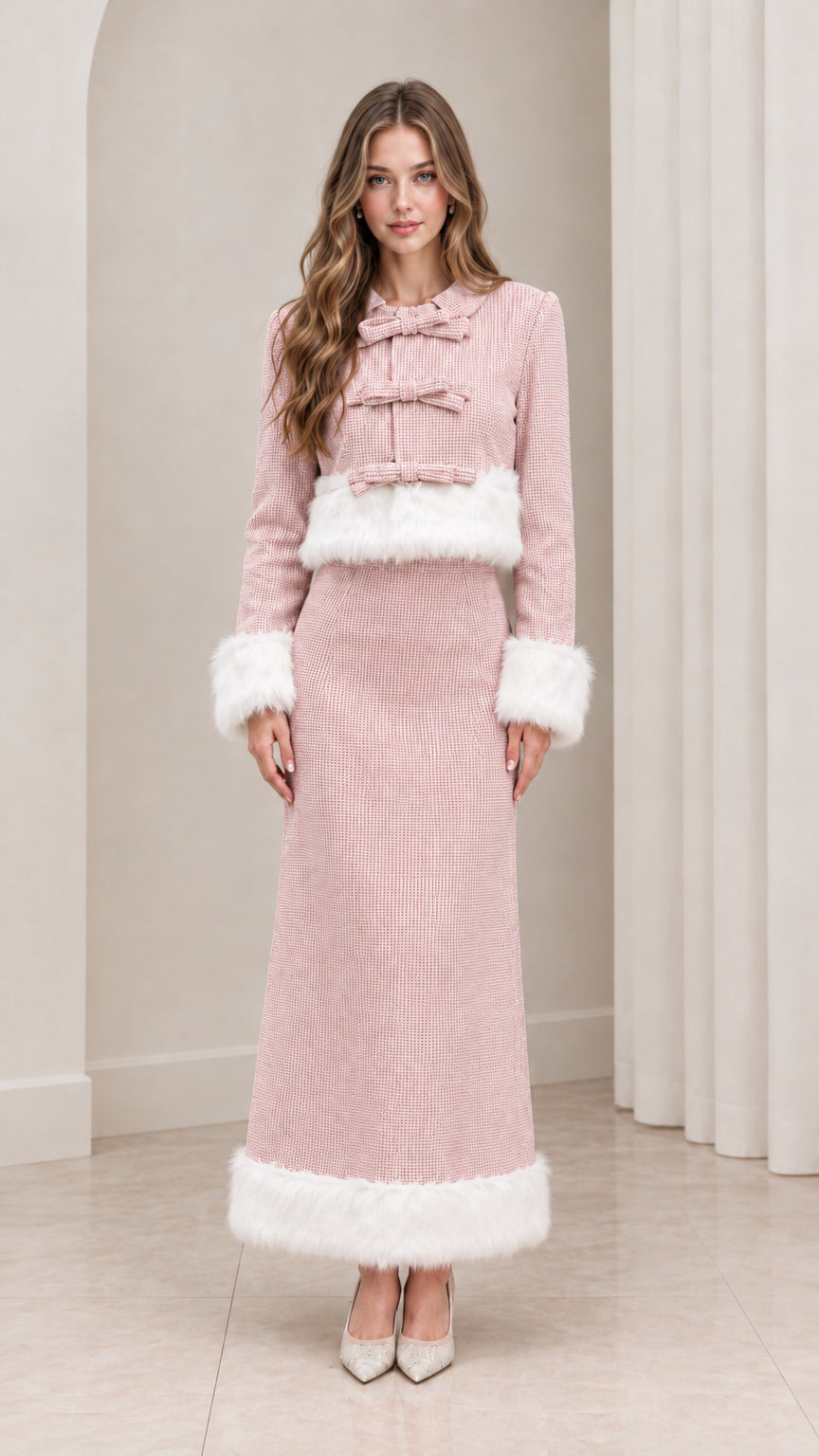 Blush pink textured cropped jacket and maxi skirt set with white faux fur trim