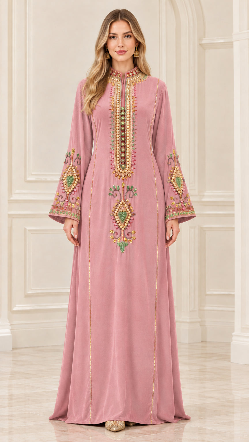 Full front view of dusty pink embroidered velvet floor-length kaftan gown