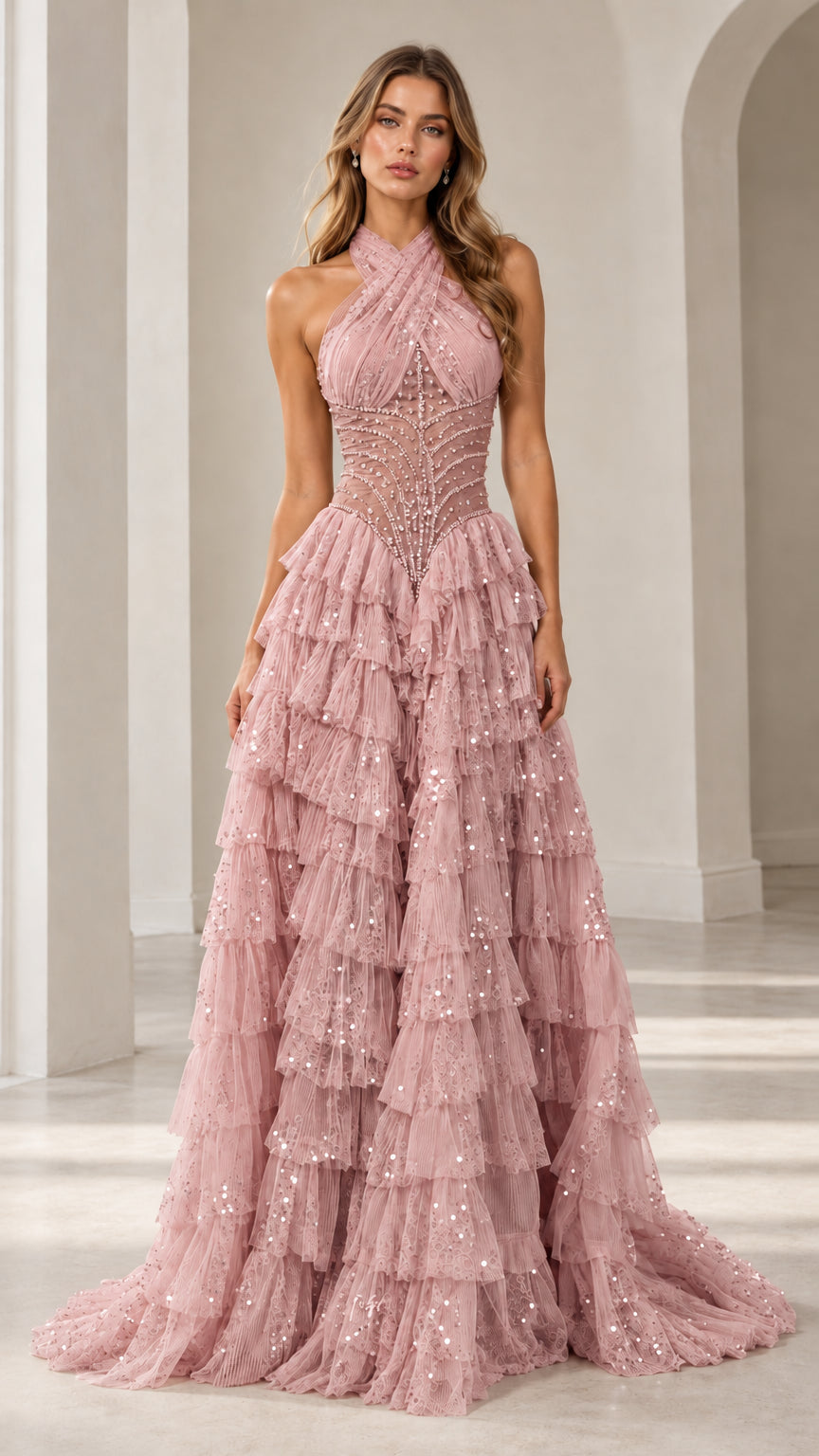 Model wearing Dusty Rose halter beaded tiered ruffle sequin ball gown