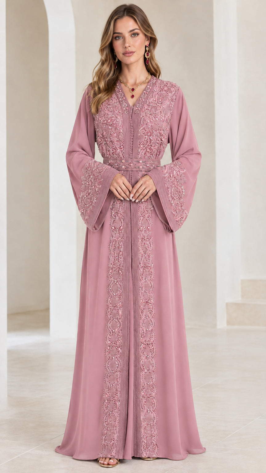 Front view of dusty pink embroidered bell-sleeve kaftan maxi dress
