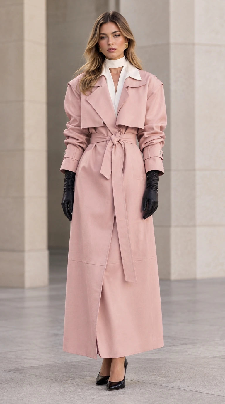 Full-length front view of woman wearing dusty pink maxi belted trench coat