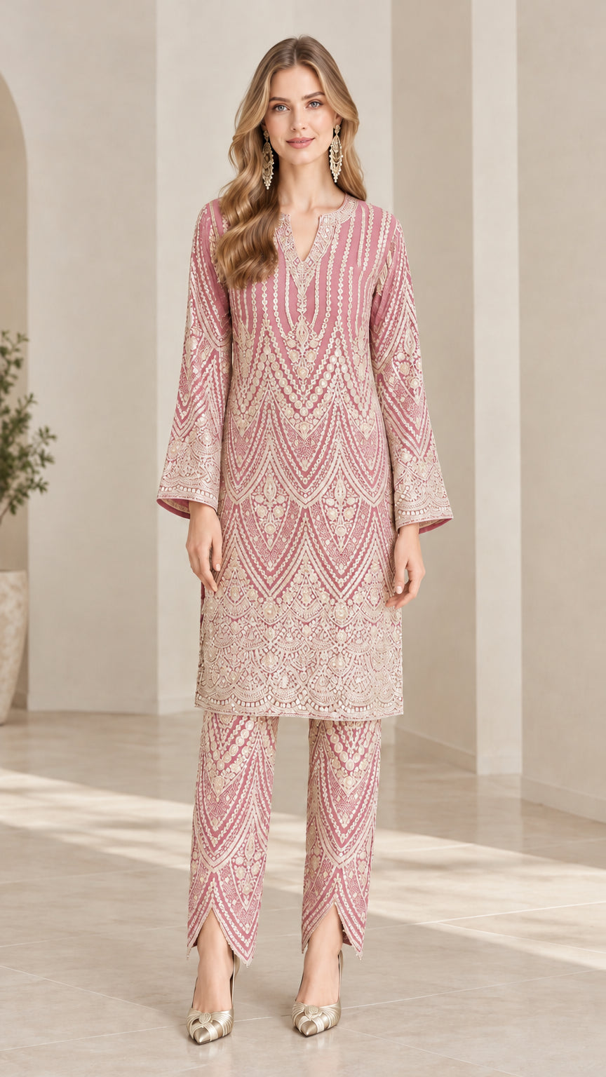 Full front view of model wearing dusty pink embroidered tunic top and matching pants set