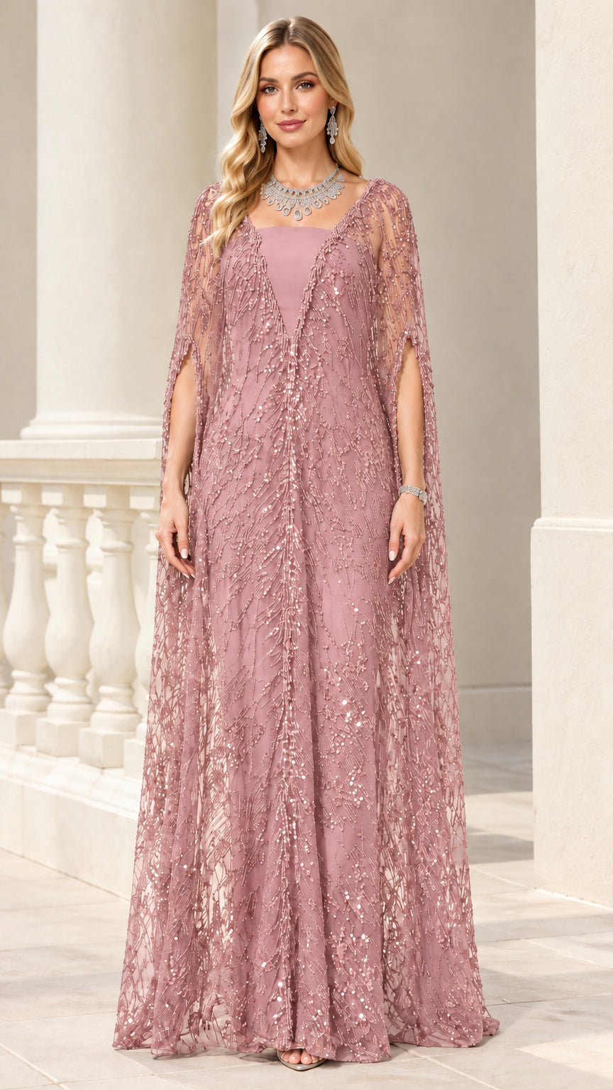 Dusty rose sequin cape formal maxi dress