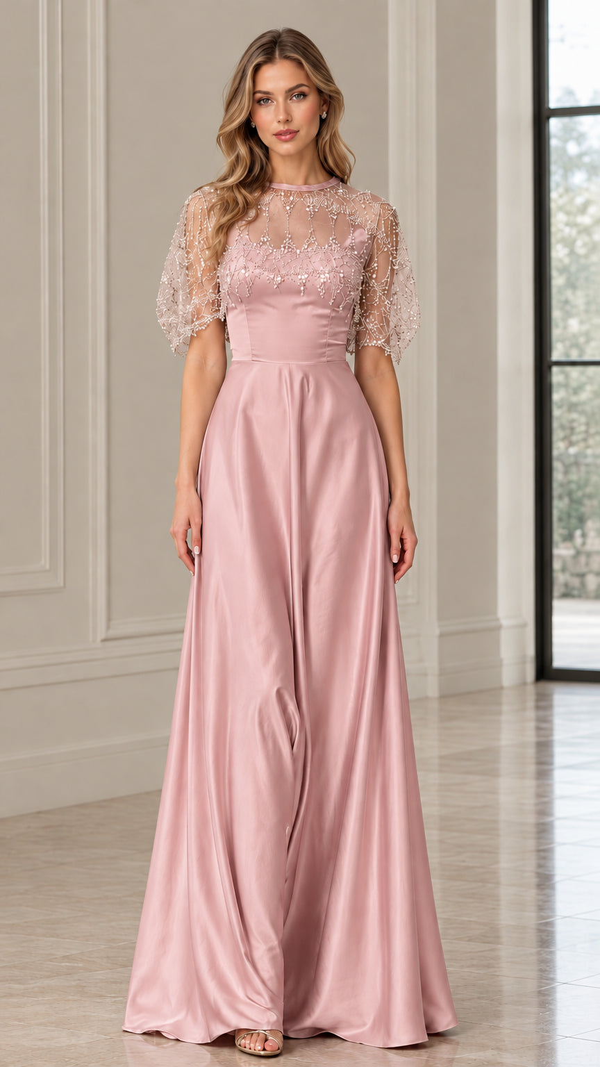 Front view of blush pink beaded illusion capelet satin formal dress