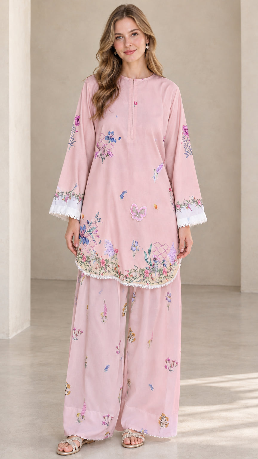 Front view of model wearing Dusty Pink floral tunic and matching pink wide leg pants set