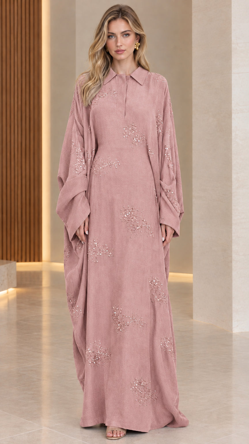 Dusty Rose collared sequin kaftan maxi dress front view