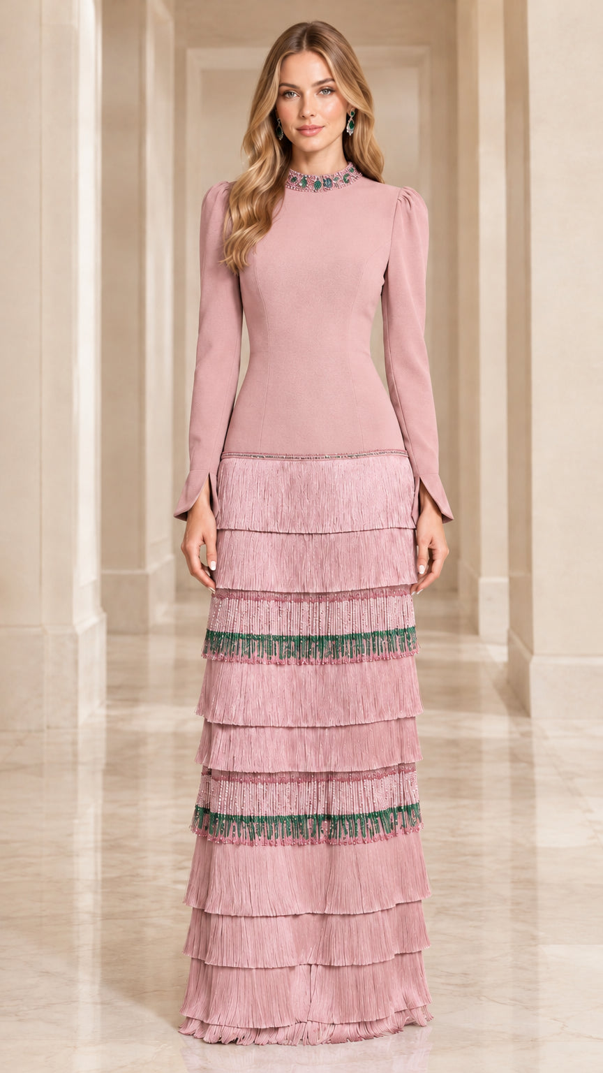Front view of model wearing Dusty Pink tiered fringe long sleeve evening dress