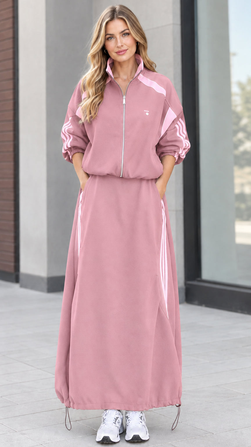 Dusty pink two-piece sporty zip jacket and maxi skirt set with light contrast stripes
