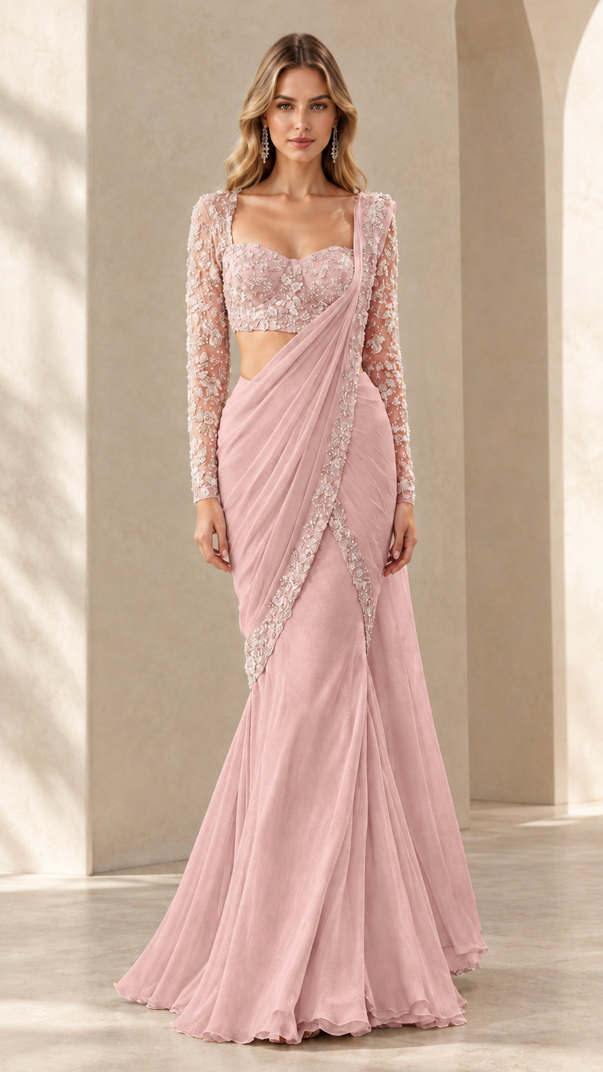 Dusty pink embroidered lace sleeve fusion saree gown with pleated mermaid drape