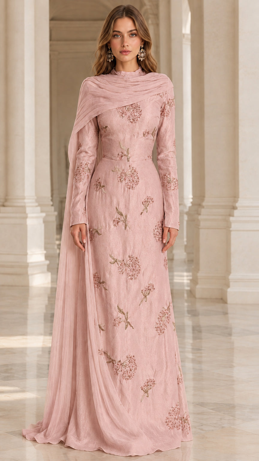 Dusty pink long sleeve floral embroidered floor-length gown