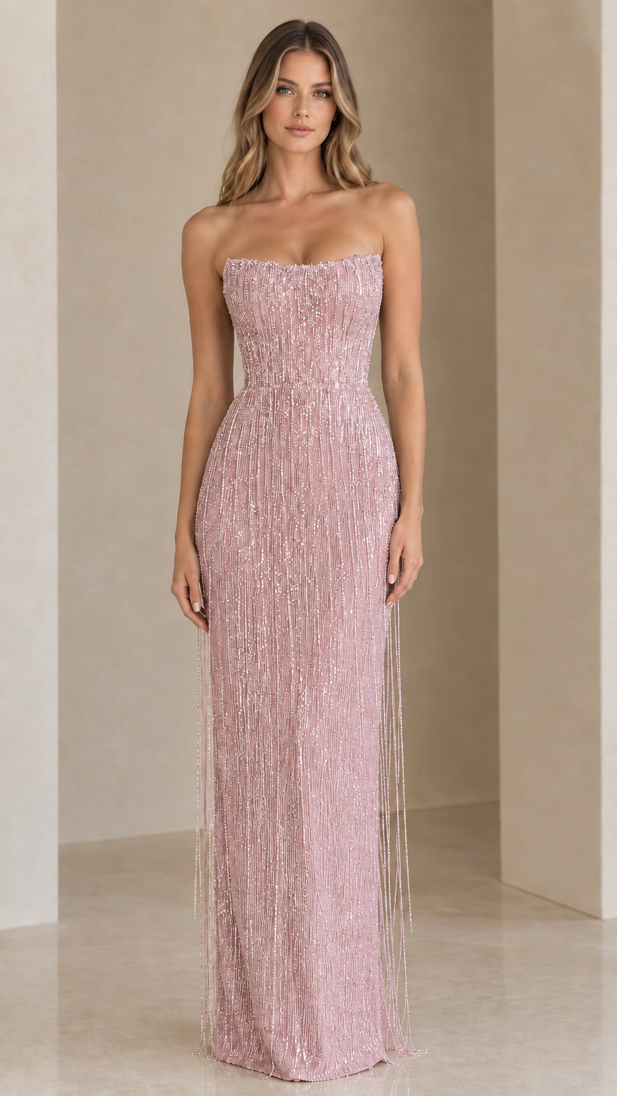 Front view of model wearing a blush pink strapless beaded evening dress