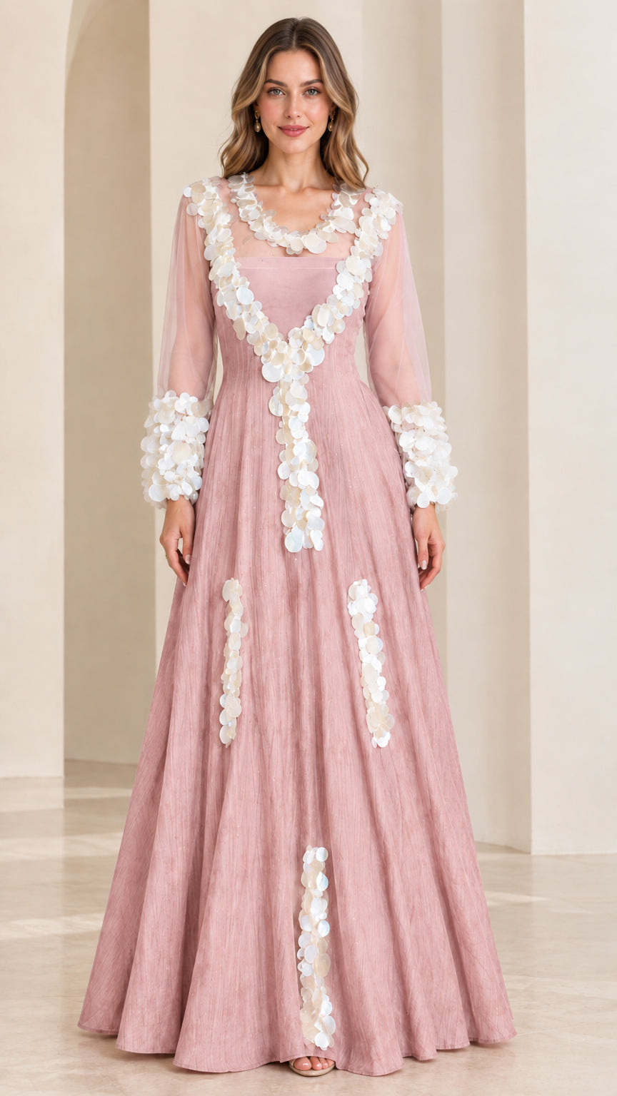 Front full-length view of dusty rose pink formal gown with sheer sleeves and white petal trim