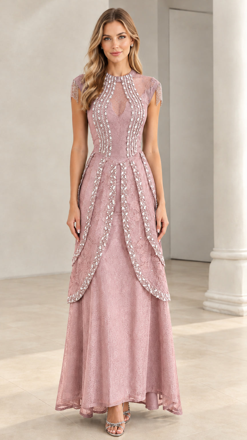 Dusty rose pink formal lace evening gown with embellished bodice