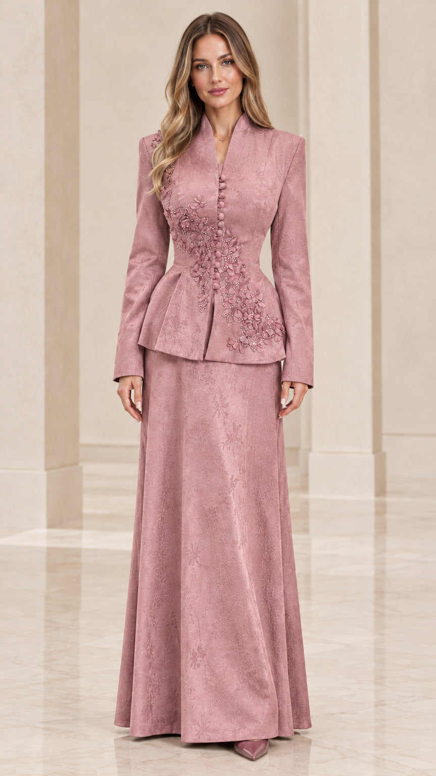 Dusty rose pink formal peplum skirt suit set with floral embroidery