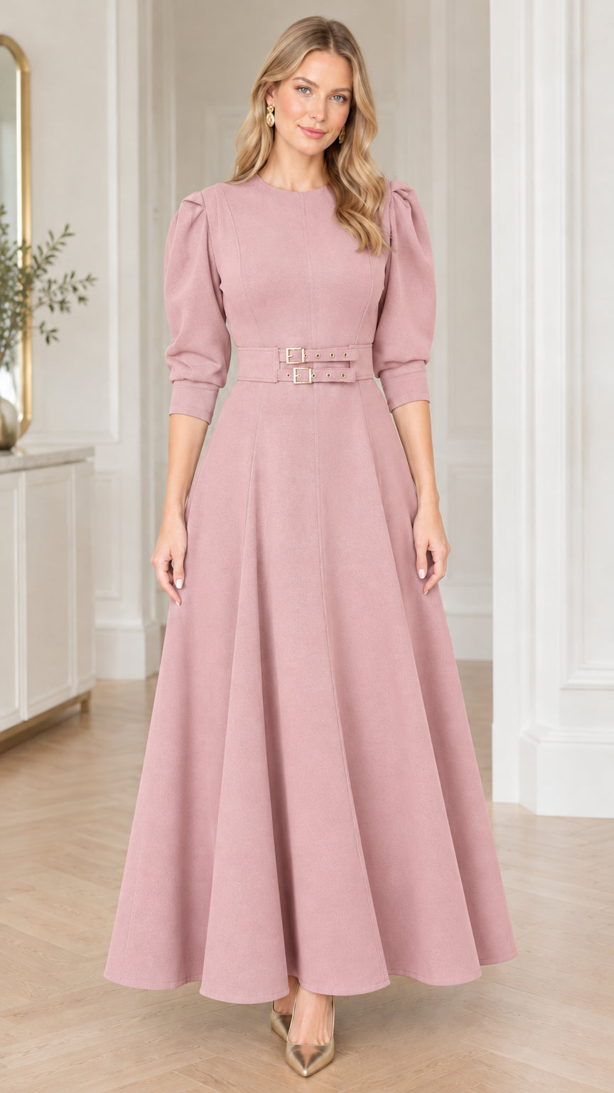 Model wearing dusty pink puff sleeve double buckle belted maxi dress