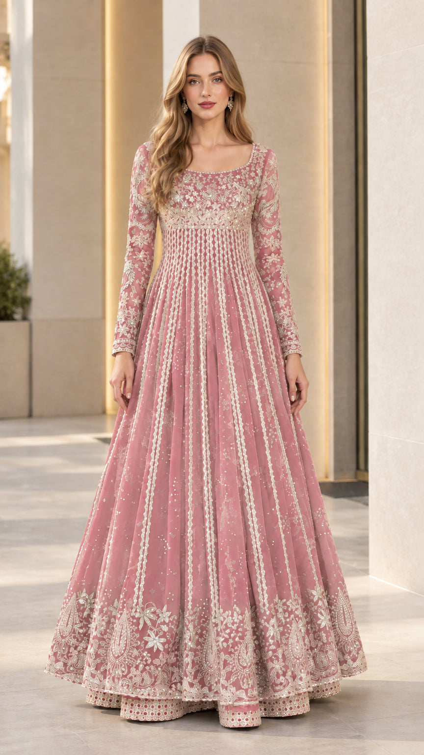 Full length view of dusty pink embroidered long sleeve flared evening maxi gown
