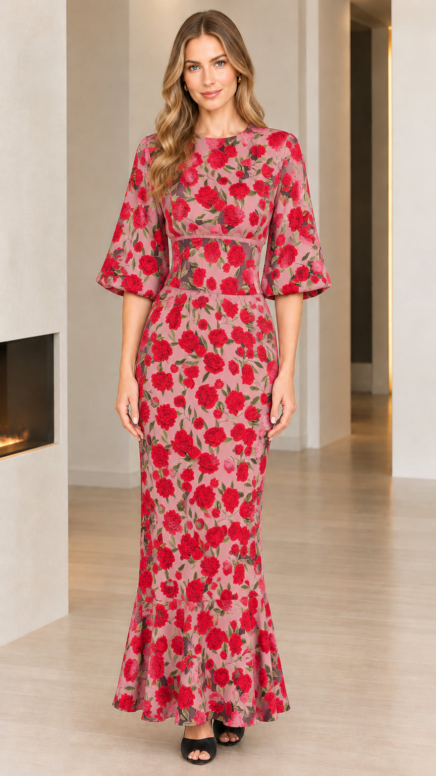 Dusty pink floral bell sleeve mermaid maxi dress front view