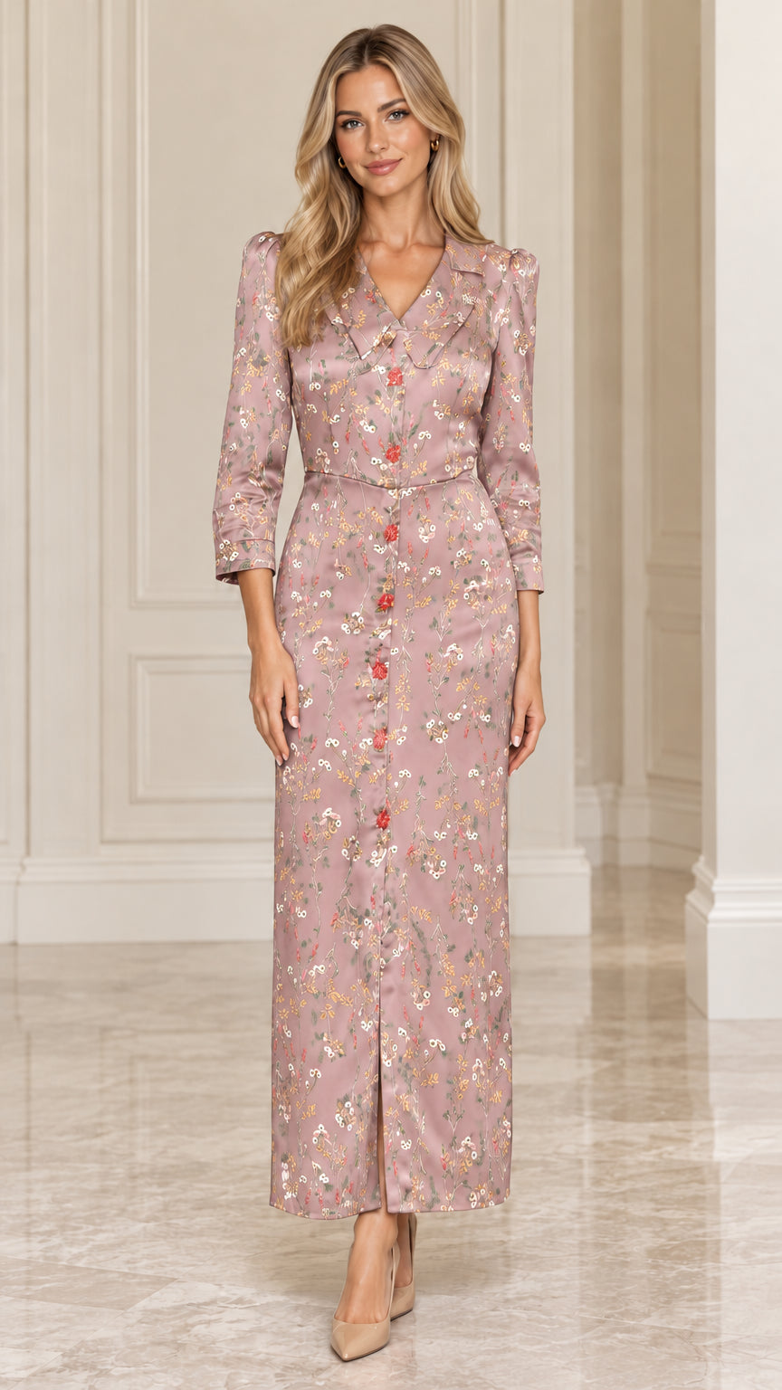 Front view of model wearing Dusty Pink floral satin lapel maxi dress