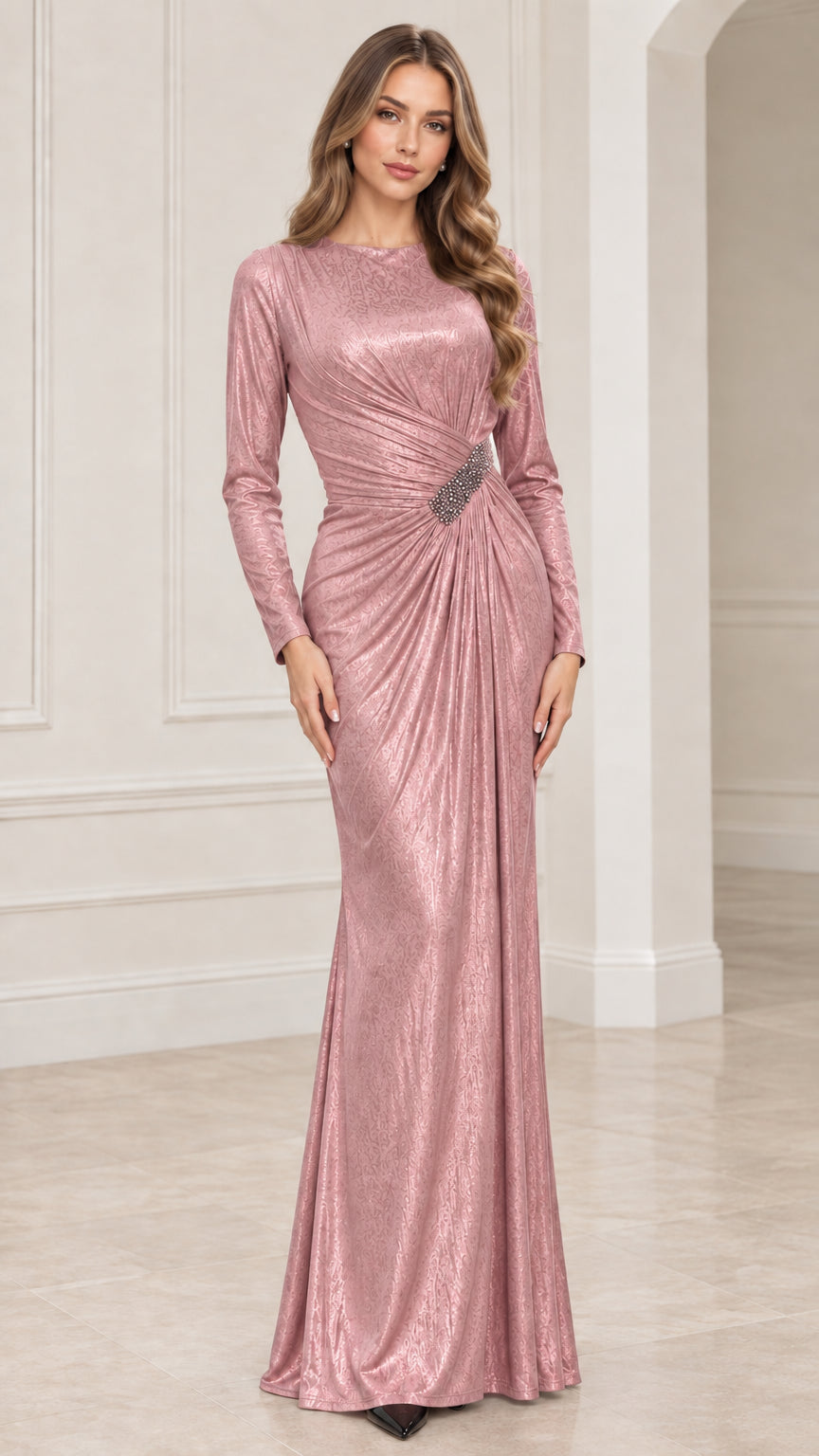Front view of Dusty Pink shimmering long sleeve maxi formal dress