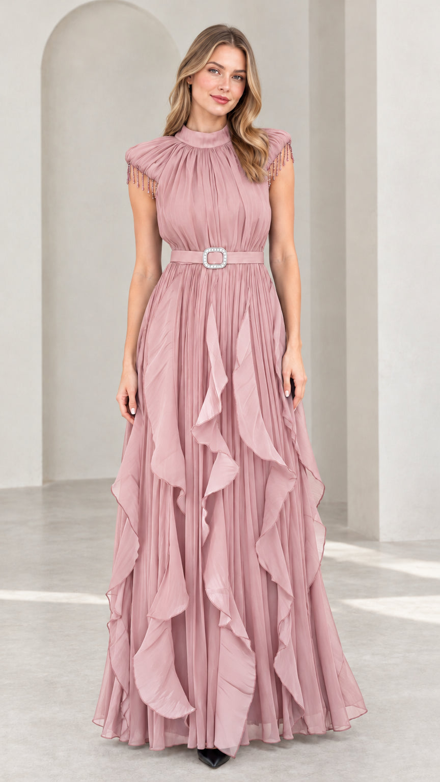 Dusty Rose pleated maxi evening dress with beaded cap sleeves and belted waist