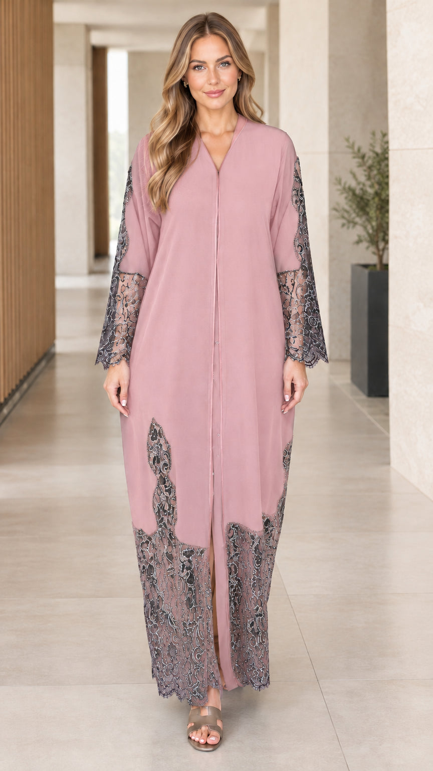 Dusty pink long sleeve modest abaya dress with lace accents