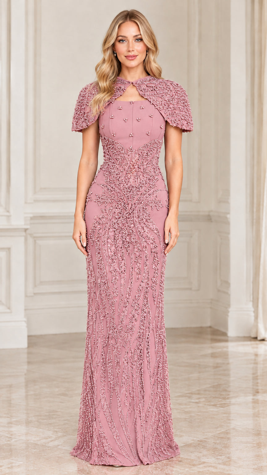 Dusty rose pink beaded capelet column formal gown front view