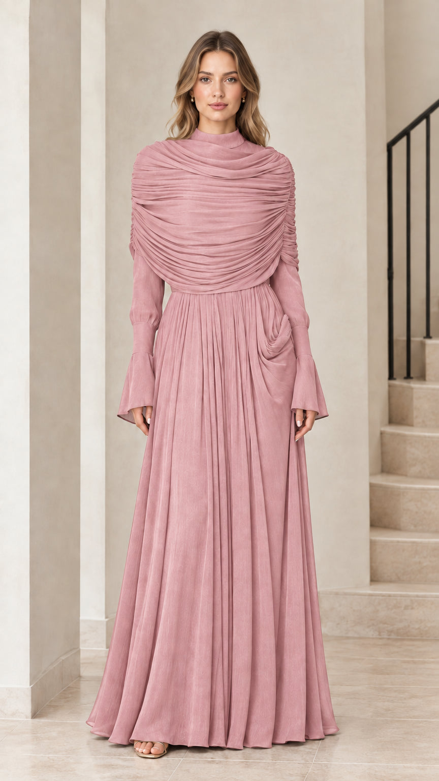 Front view of Dusty Pink high neck pleated long sleeve gown