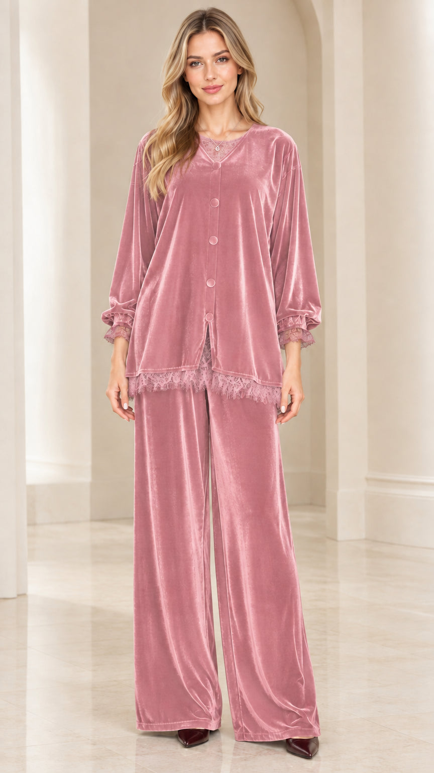 Full-length front view of women's dusty pink velvet lace trim two-piece pajama set