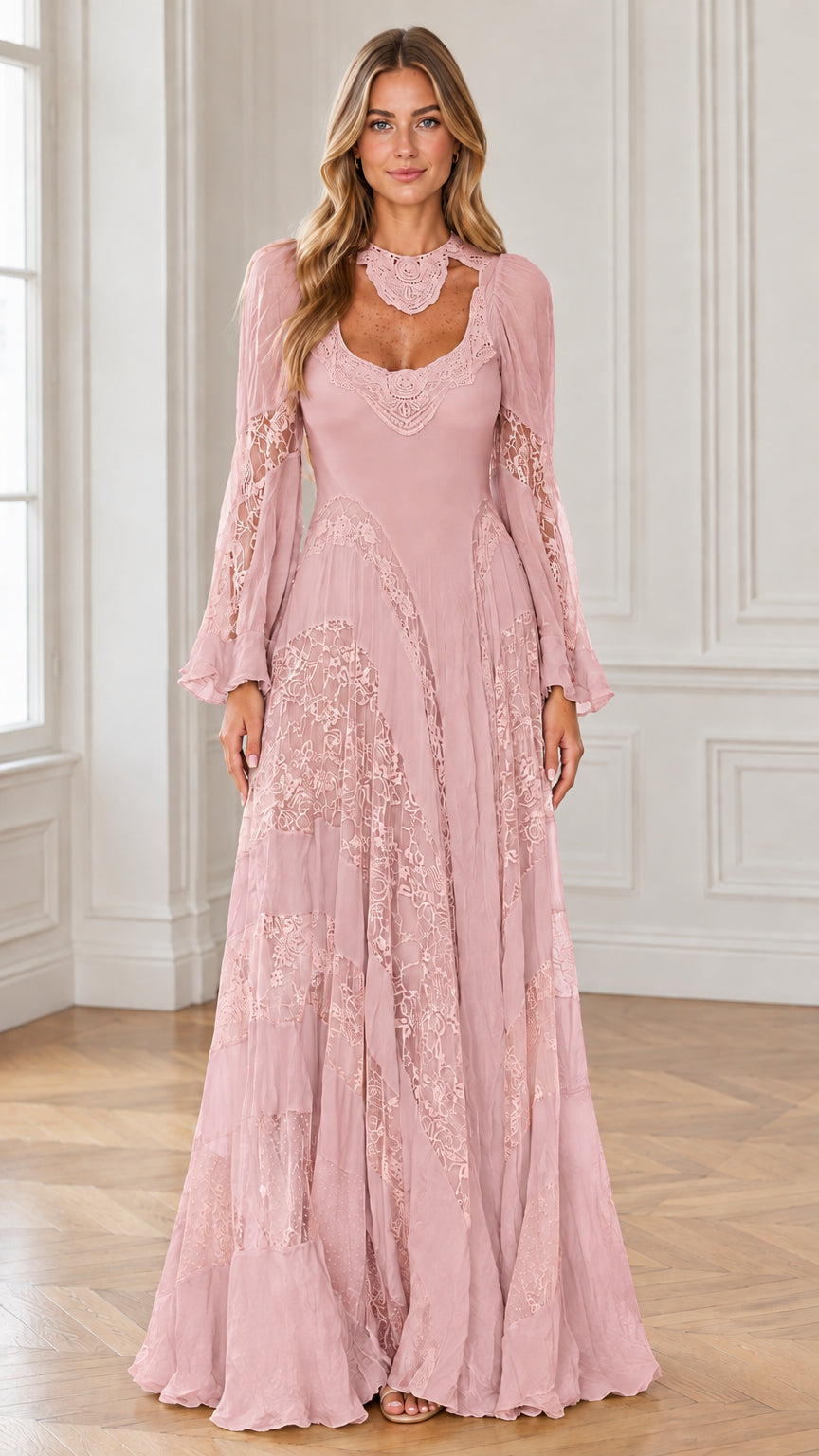 Front view of dusty pink romantic lace inset flowy maxi dress
