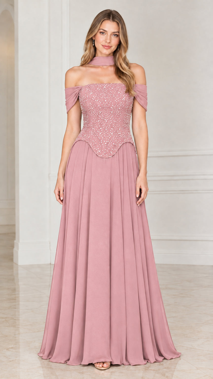 Dusty rose off-the-shoulder beaded A-line chiffon formal dress with choker collar