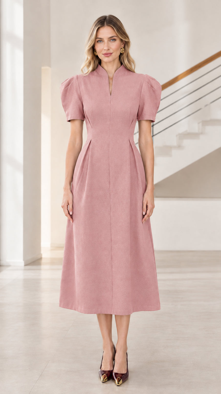 Front view of model wearing dusty pink mandarin collar puff sleeve A-line midi dress