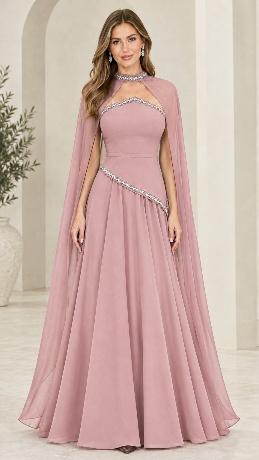 Front full-length view of dusty rose rhinestone embellished cape evening gown