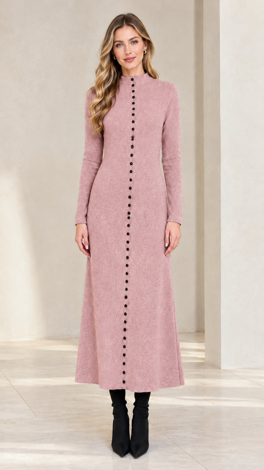 Model wearing Dusty Rose pink long sleeve mock neck button front maxi dress