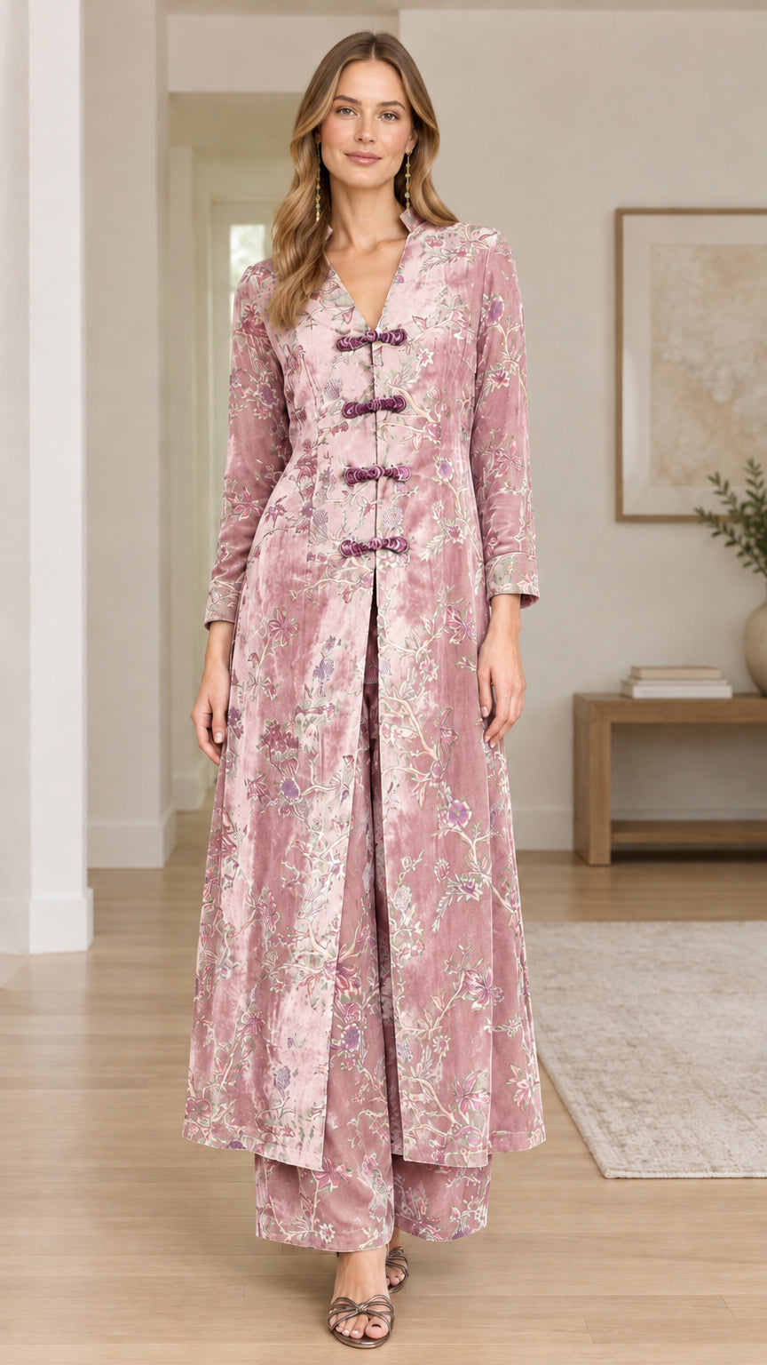 Model wearing Dusty Pink floral velvet two-piece tunic and pant set