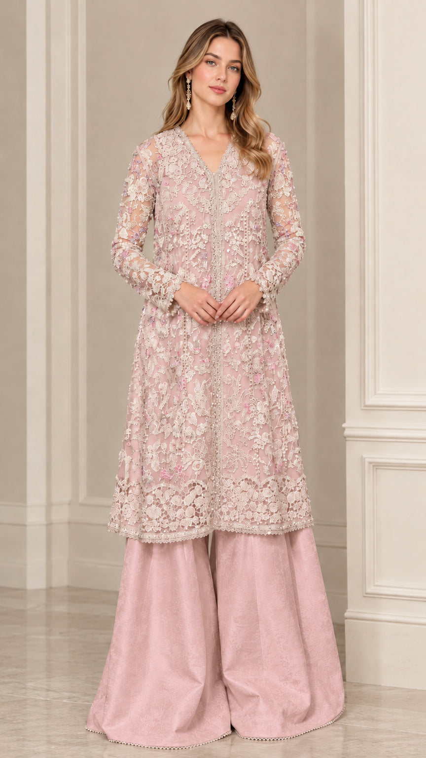 Blush pink embroidered floral lace tunic set with wide palazzo pants
