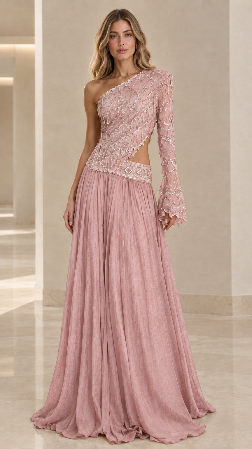 Dusty Pink one-shoulder beaded waist cutout evening dress