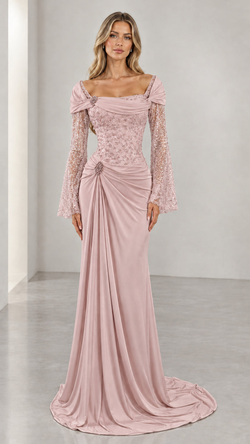 Dusty pink embellished formal evening dress with draped waist