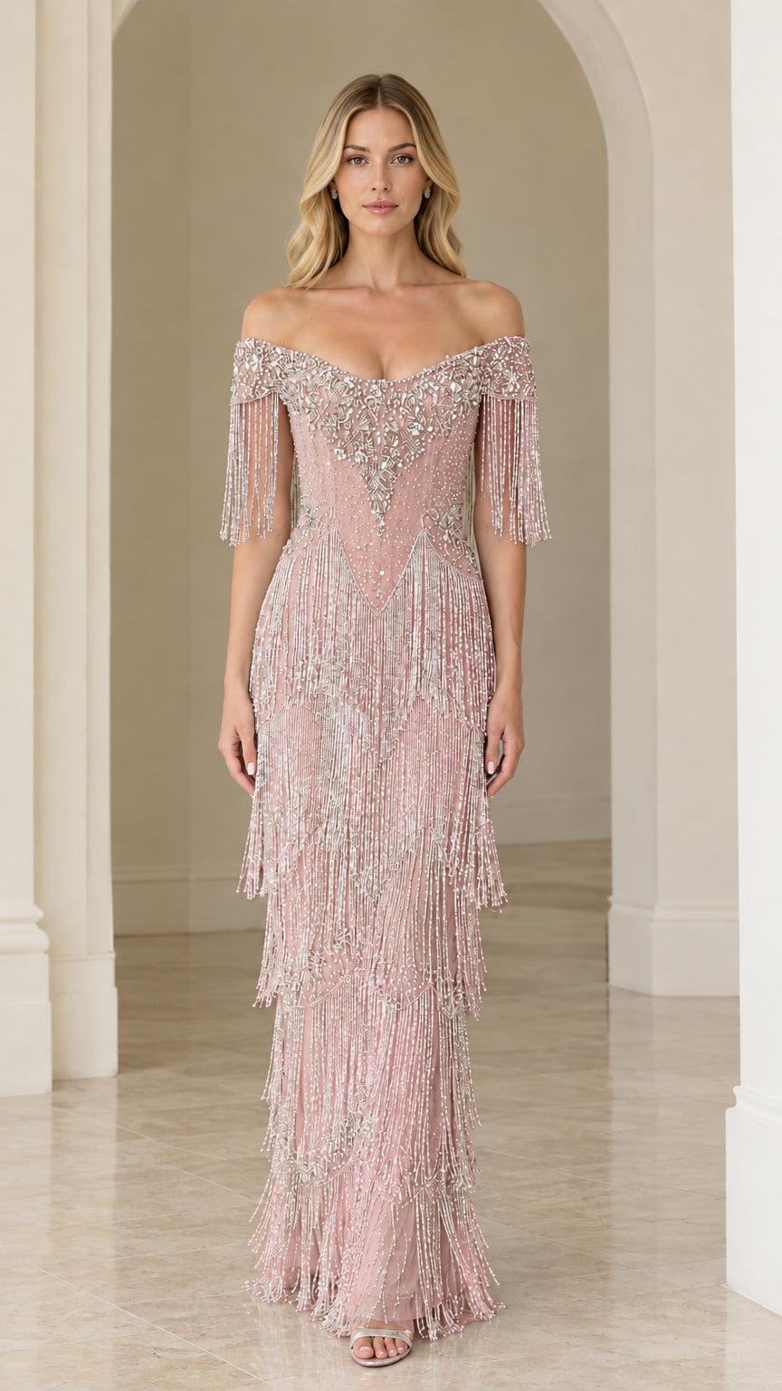 Full-length view of woman wearing blush pink off-the-shoulder beaded fringe formal dress