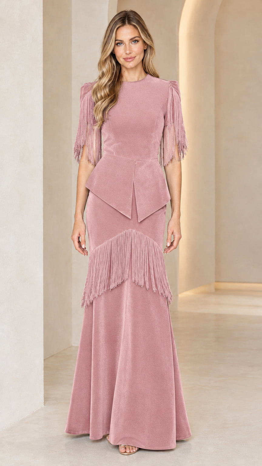 Dusty rose pink velvet fringe peplum evening gown full-length view