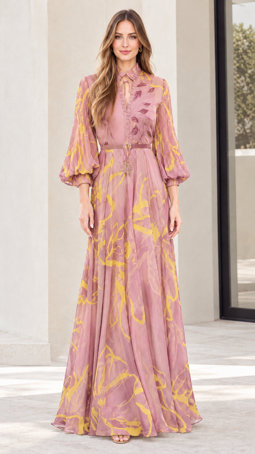 Model wearing dusty pink abstract floral print long maxi dress