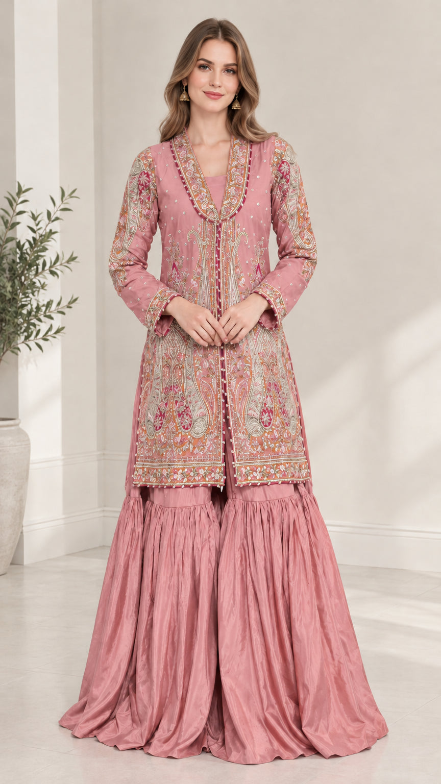 Woman wearing Dusty Rose embroidered festive sharara set