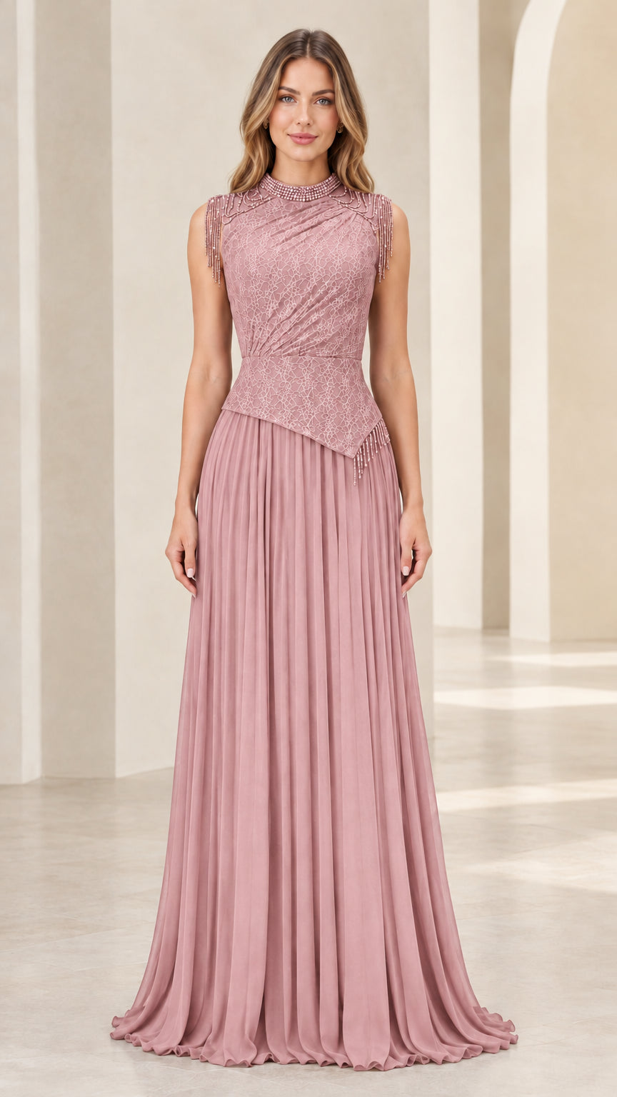 Model wearing dusty rose high neck beaded asymmetric pleated evening gown