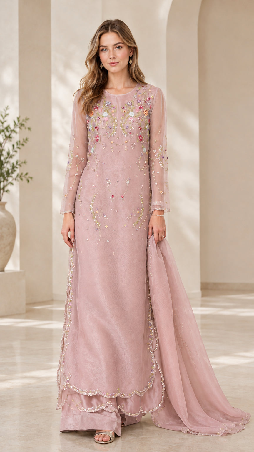 Full length dusty pink floral embroidered long tunic suit set