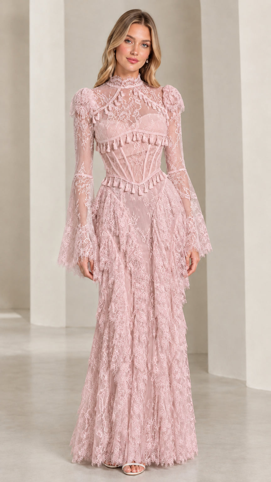 Front view of dusty pink high neck lace corset maxi dress with flared sleeves