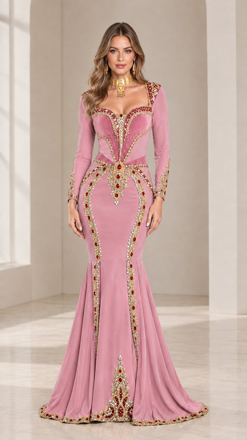 Dusty pink long sleeve mermaid evening gown with gold and crystal beading