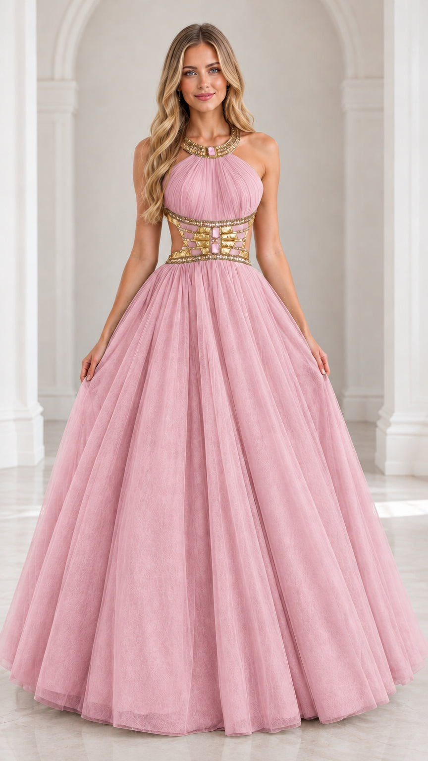 Blush pink halter neck beaded cutout tulle formal gown