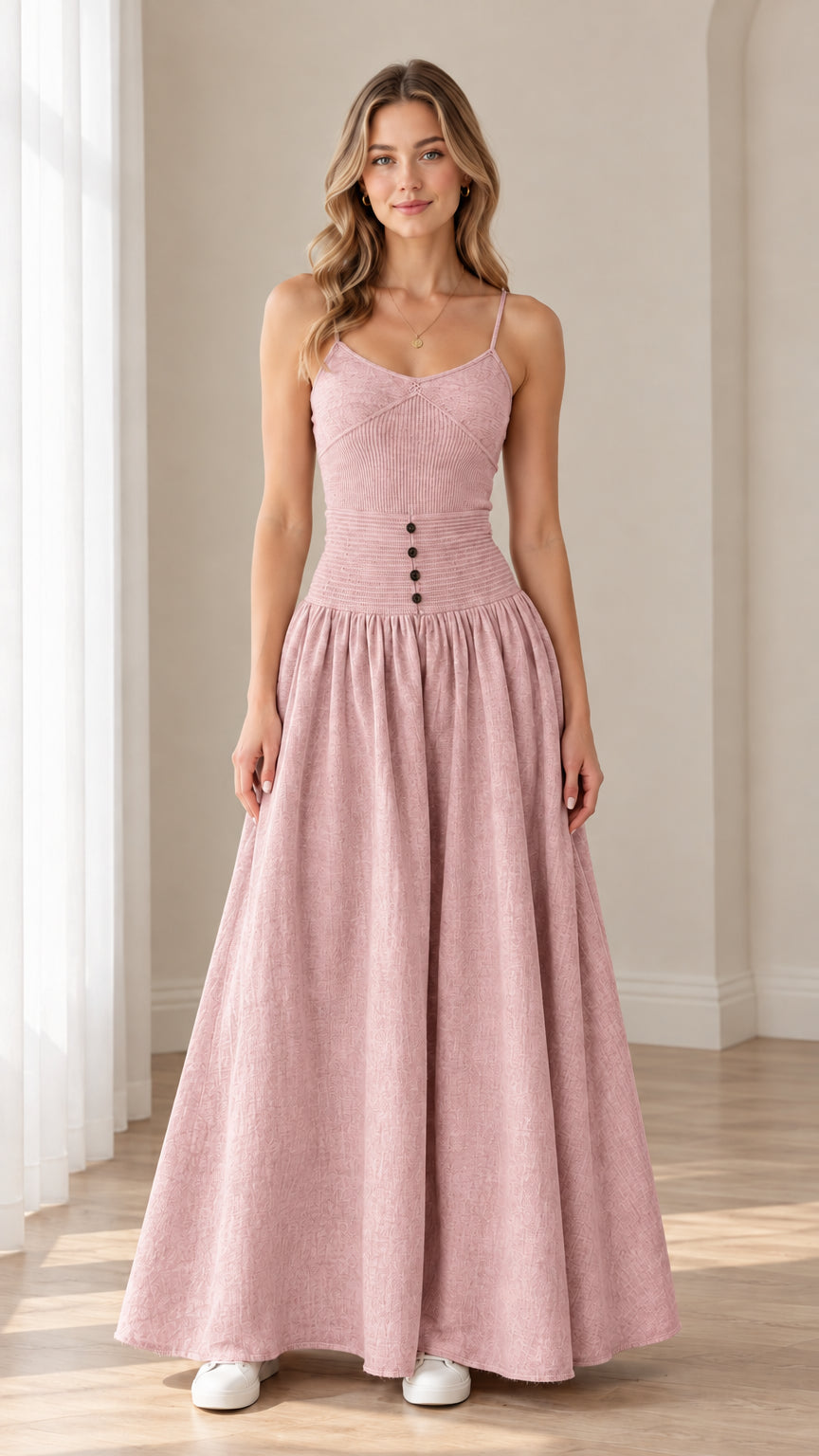 Women's dusty pink smocked drop waist cami maxi dress