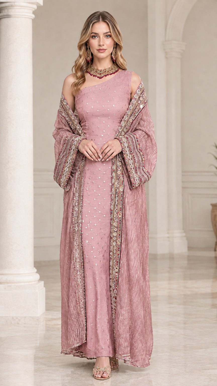 Dusty pink two-piece one-shoulder evening dress and robe set
