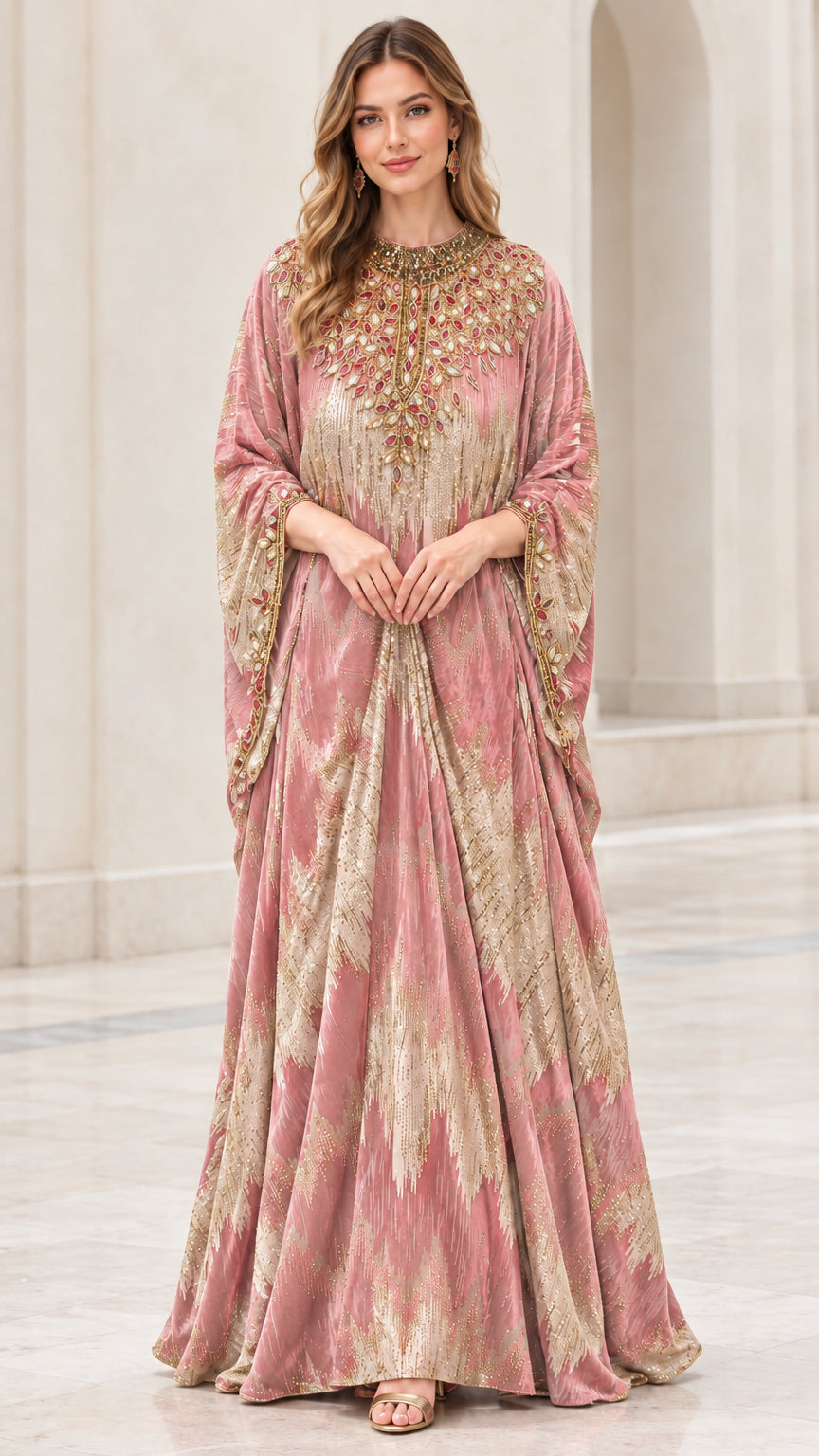 Model wearing Dusty Pink embellished velvet evening kaftan dress